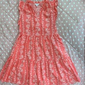 Floral coral colored midi dress. Size small with a v-neck and ruffle sleeves.